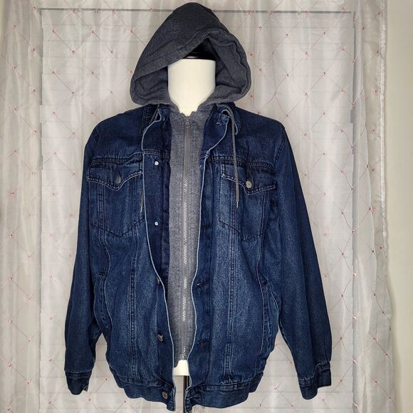 Vintage Route 66 Hybrid Hoodie Denim Jean Trucker Jacket Size Small - Picture 2 of 8